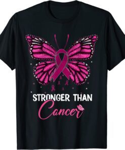 Pink Butterfly Stronger Than Cancer Breast Cancer Awareness Tee Shirt