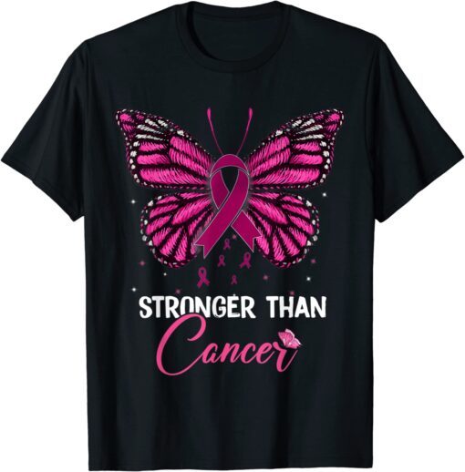 Pink Butterfly Stronger Than Cancer Breast Cancer Awareness Tee Shirt