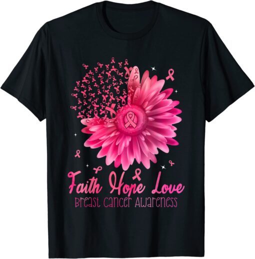 Pink Daisy Faith Hope Love Breast Cancer Awareness Ribbon Tee Shirt