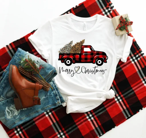 Red Buffalo Plaid & Leopard Merry Christmas Tee Shirt