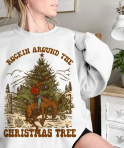 Rockin Around The Christmas Tree Bronco Cowboy Rodeo Tee shirt