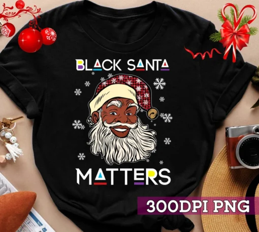 Santa Black Matters Afro African American Santa Face Christmas Red Plaid Tee Shirt