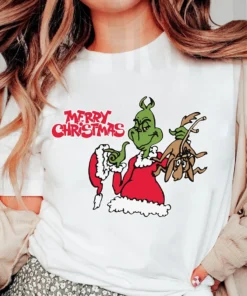 Santa Grinch and Deer Merry Christmas Cute Tee shirt