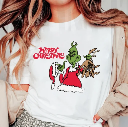 Santa Grinch and Deer Merry Christmas Cute Tee shirt