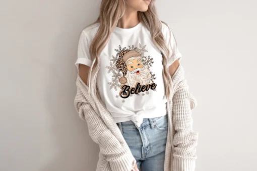 Santa Head Merry Christmas Believe Tee Shirt