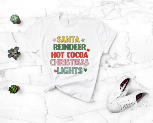 Santa Reindeer Hot Cocoa Christmas Lights Christmas Things Tee Shirt