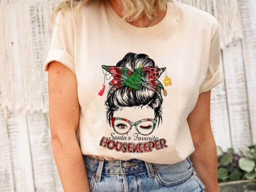 Santa's Favorite Housekeeper Messy Bun Christmas Bleached Tee Shirt