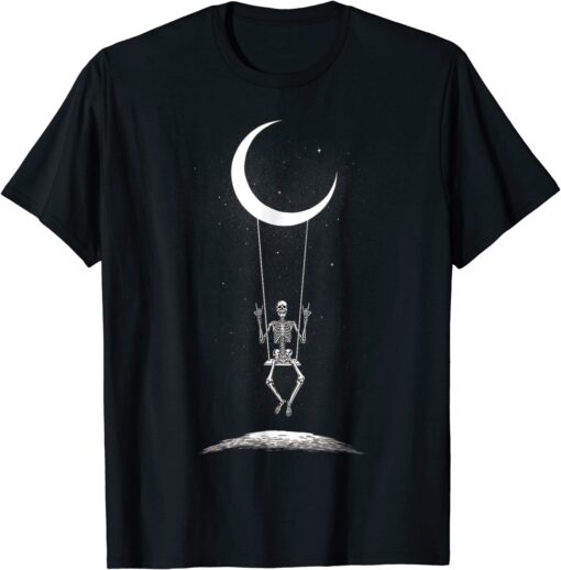 Skeleton Rock On Moon Spooky Halloween Rock Band Concerts Tee Shirt