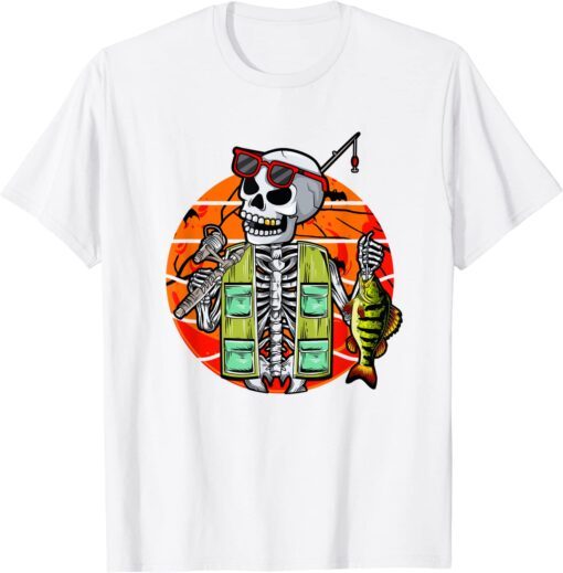 Skeleton fishing lover moon Halloween Costume fish Halloween Tee Shirt