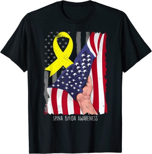 Spina Bifida Awareness Vintage American Flag Yellow Ribbon Tee Shirt