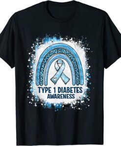 Type 1 Diabetes Awareness Month Bleached Rainbow Blue Ribbon Tee Shirt