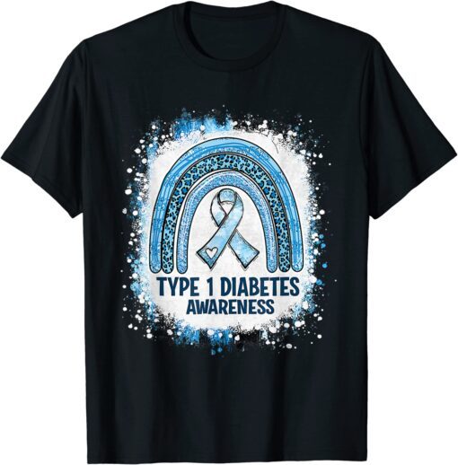 Type 1 Diabetes Awareness Month Bleached Rainbow Blue Ribbon Tee Shirt