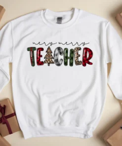 Very Merry Teacher Leopard & Buffalo Plaid Tee Shirt