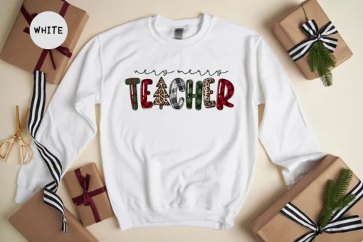 Very Merry Teacher Leopard & Buffalo Plaid Tee Shirt