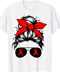 We Wear Red For Red Ribbon Week Awareness Messy Bun Tee Shirt