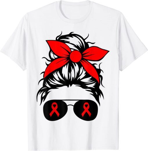 We Wear Red For Red Ribbon Week Awareness Messy Bun Tee Shirt