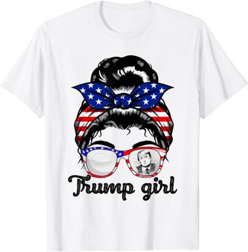 Cute Vintage Vote Trump Girl Messy Bun Republican US Flag Tee Shirt