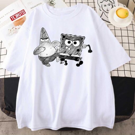 Spongebob And Patrick Black And White Art Tee Shirt