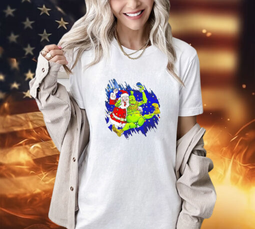 Grinch wrestles Santa Claus 3 16 light Christmas shirt