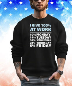 I give 100% at work 10% monday 35% tuesday 30 % wednesday 20% thursday 5% friday shirt