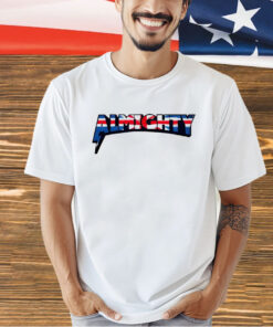 Billy Allen wearing union jack almighty T-shirt