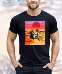 Dune and Beetlejuice a Fremen riding a Saturn sandworm Wormrider T-shirt