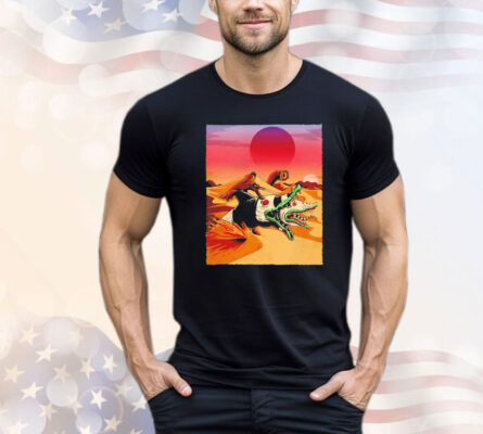 Dune and Beetlejuice a Fremen riding a Saturn sandworm Wormrider T-shirt