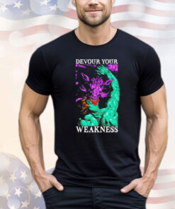 Jesus Olivares wearing devour your weakness Shirt
