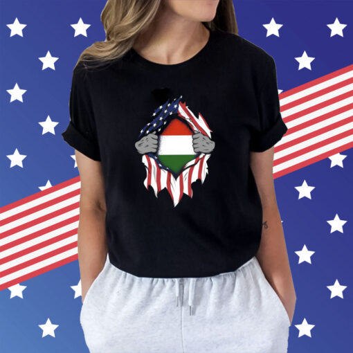 Hungarian American Flags Hands Ripping Flag on Chest T-Shirt