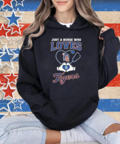 Just A Nurse Who Loves Detroit Tigers Heart Hands Stethoscope T-Shirt