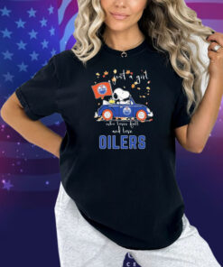 Snoopy And Woodstock Driving Car The Peanuts Just A Girl Who Lover Fall And Love Edmonton Oilers Shirt