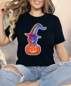 Cute Black Cat With Witch Hat In Pumpkin Shirt
