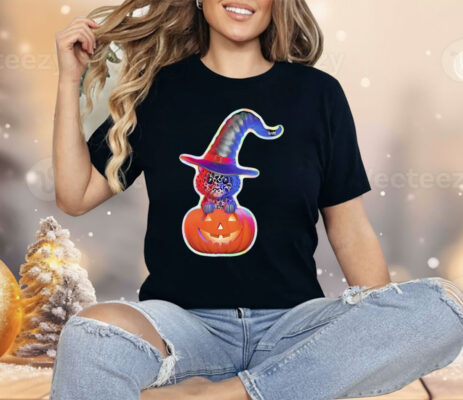 Cute Black Cat With Witch Hat In Pumpkin Shirt
