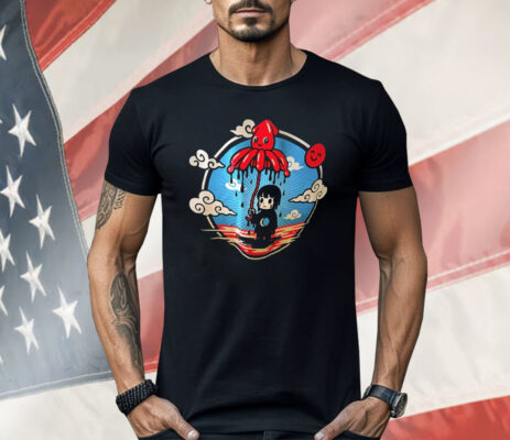 Cute Squid Umbrella Protecting Sad Girl Surreal Ocean Cartoon Shirt