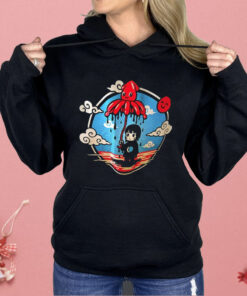 Cute Squid Umbrella Protecting Sad Girl Surreal Ocean Cartoon Shirt